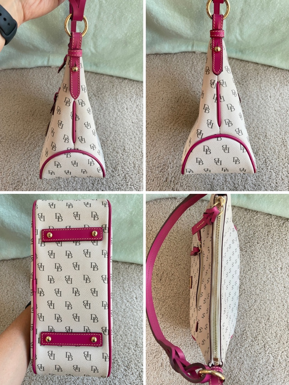 Dooney Bourke White Monogram Shoulder Bag with Pink Trim - Gretta Twist Strap - Picture 13 of 17